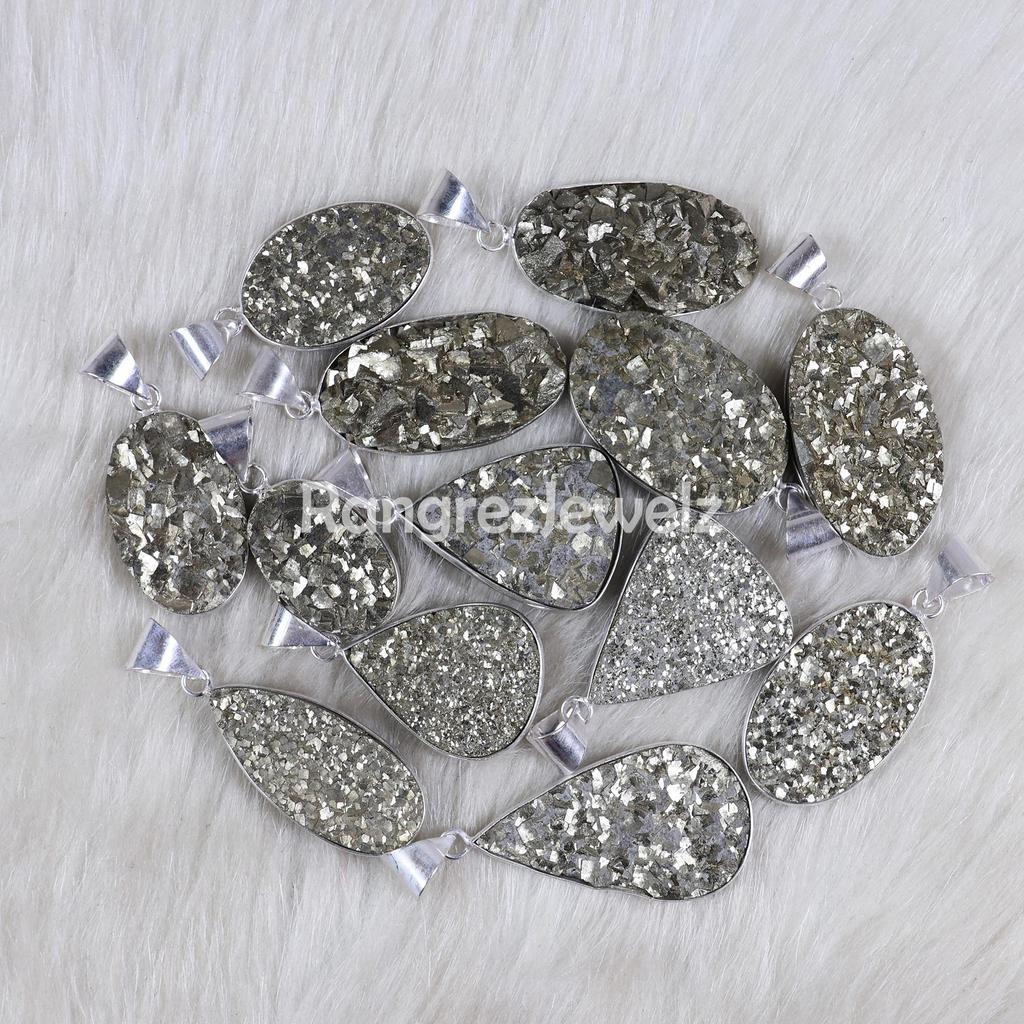 Pyrite Druzy Pendant Sterling Silver Pendant Rough Pyrite Pendant Bezel Pendant Mix Shape Pyrite Gemstone Pendant Gold Pyrite Necklace Jewelry