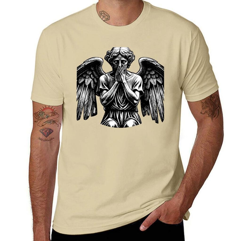 B&W Gråtande Ängel Staty T-shirt pojkar djurtryck för en pojke T-shirts för män bomull
