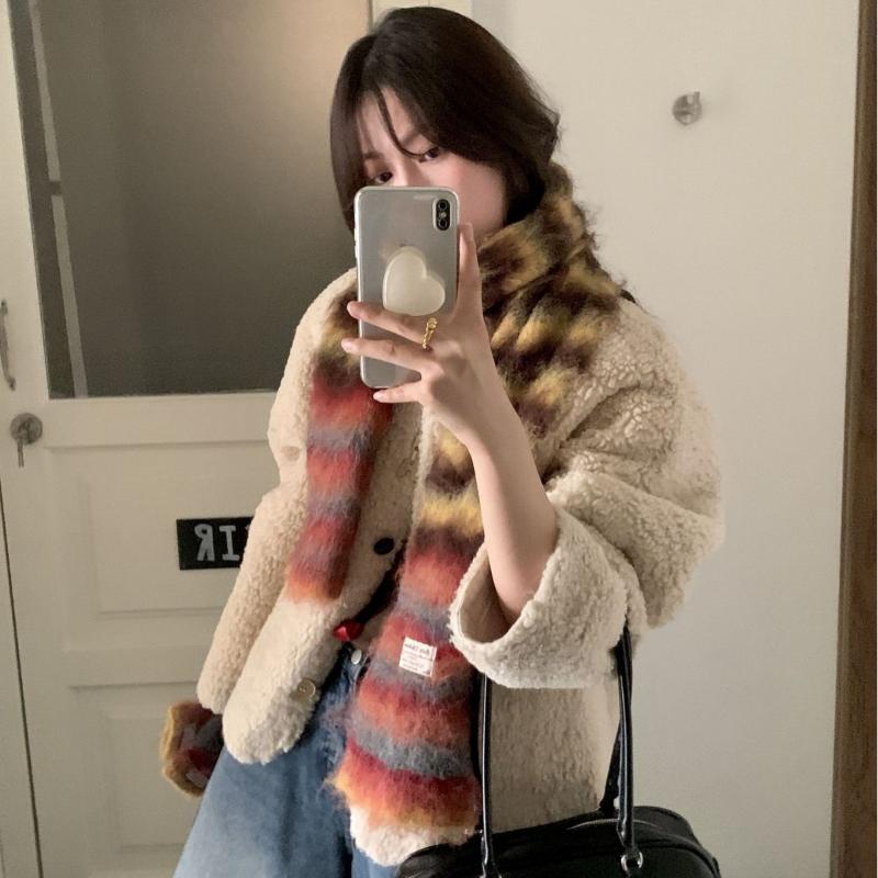 Thick Woolen Knitted Scarf Autumn Winter Rainbow Color Block Striped Versatile Anti-Cold Shoulder Wrap Scarf