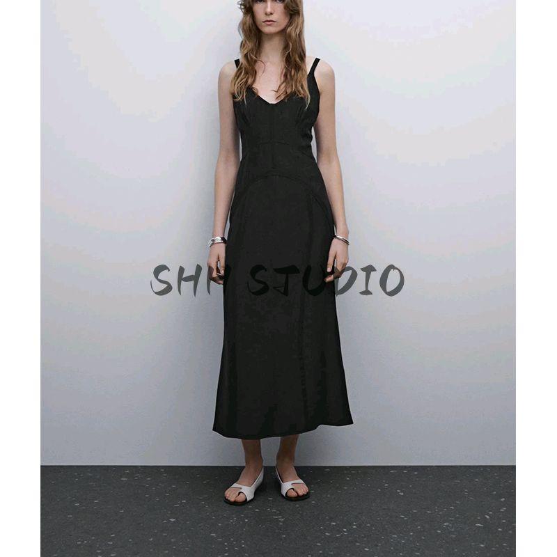 Spring and Summer New Women's Clothing Elegant Elegant V-neck Sleeveless Mid-Length Backless Dress Black Dress 6671584