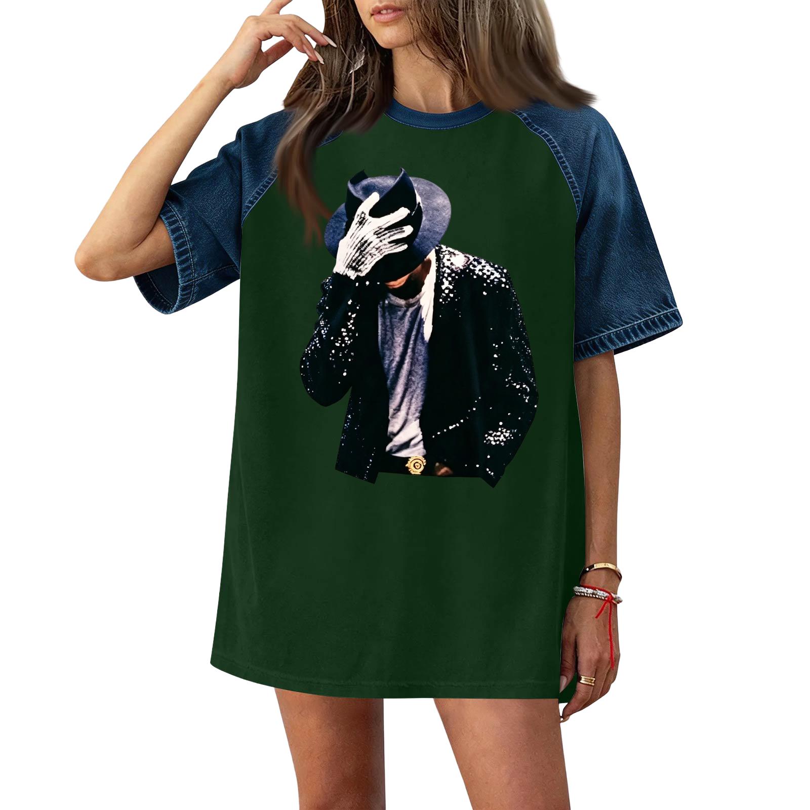

Women Denim Patchwork Short Sleeve T Shirt Casual Loose Fit Crew Neck Top Lightweight Breathable Summer Spring Fashion Tee XXL