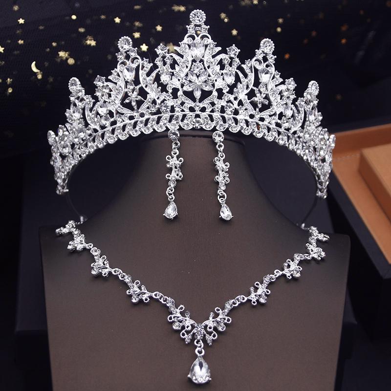 Luxury Blue Colors Bridal Jewelry Sets With Tiaras Princess Wedding Crown Necklace Earrings Set Bride Accessories