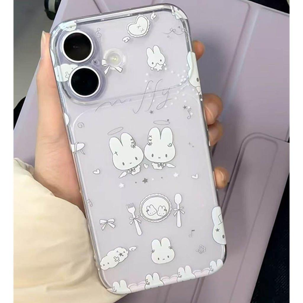 Little Rabbit Dining Plate Window Design - Apple 17 Pro Max Drop-Proof Transparent Phone Case for Models 12, 14P, 15, 16
