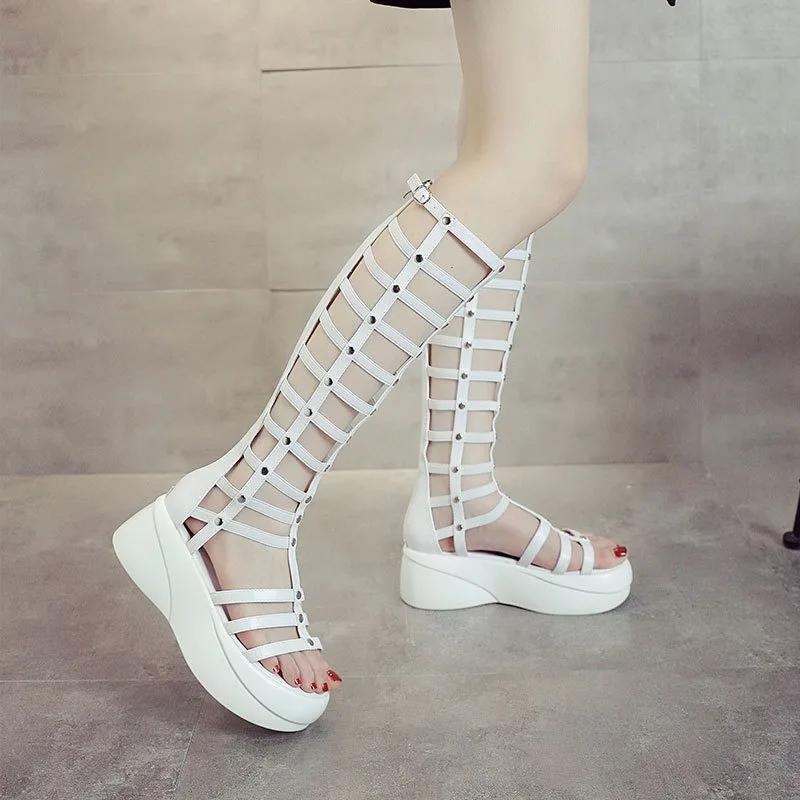 Fashion High Quality 2024 Roman Sandals Women Shoes Platform Mid Calf Summer Boots Womens Platform Heels 6cm Thick Heel Sandals Zip