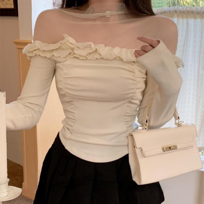 

2KWEIRD Кокетливые бежевые кроп-топы Женские Y2k Фейрикор Рюши Сетка Пэчворк Топы с длинным рукавом Корейский стиль Приталенные футболки-корсеты M бежевый