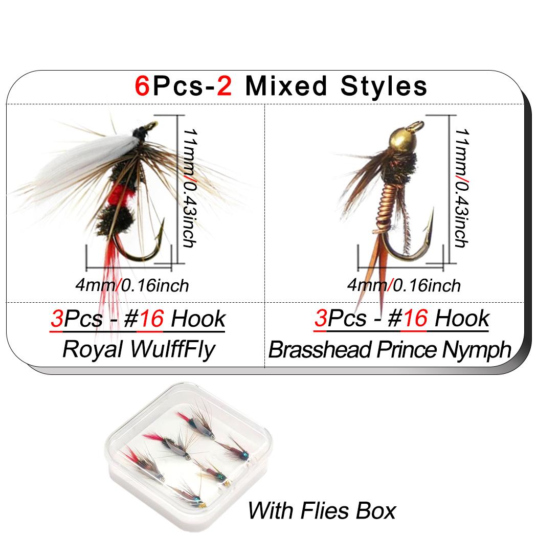 

6 шт./коробка искусственная насекомая приманка Brasshead Prince Nymph&Royal WulffFly приманка для ловли форели/баса/окуня/сома/карпа/судака 6Pcs-Size16 (Small)