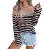 Spring and Summer Striped Openwork Comfortable Loose Knit Shirt for Women with Beach-style V-Neck Top
