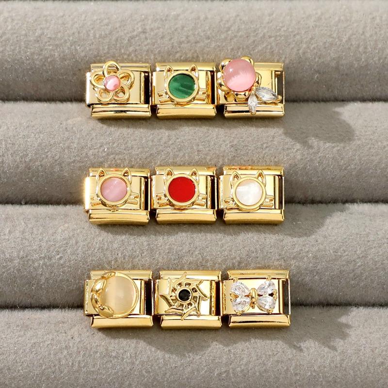 Vintage Golden Charm Zircon Butterfly Bow Cat Flower Italian Charm Links Fit 9MM Stainless Steel Bracelet Women DIY Making Gift