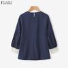 ZANZEA Women Casual Round Neck Lace Splice 3/4 Sleeve Blouse