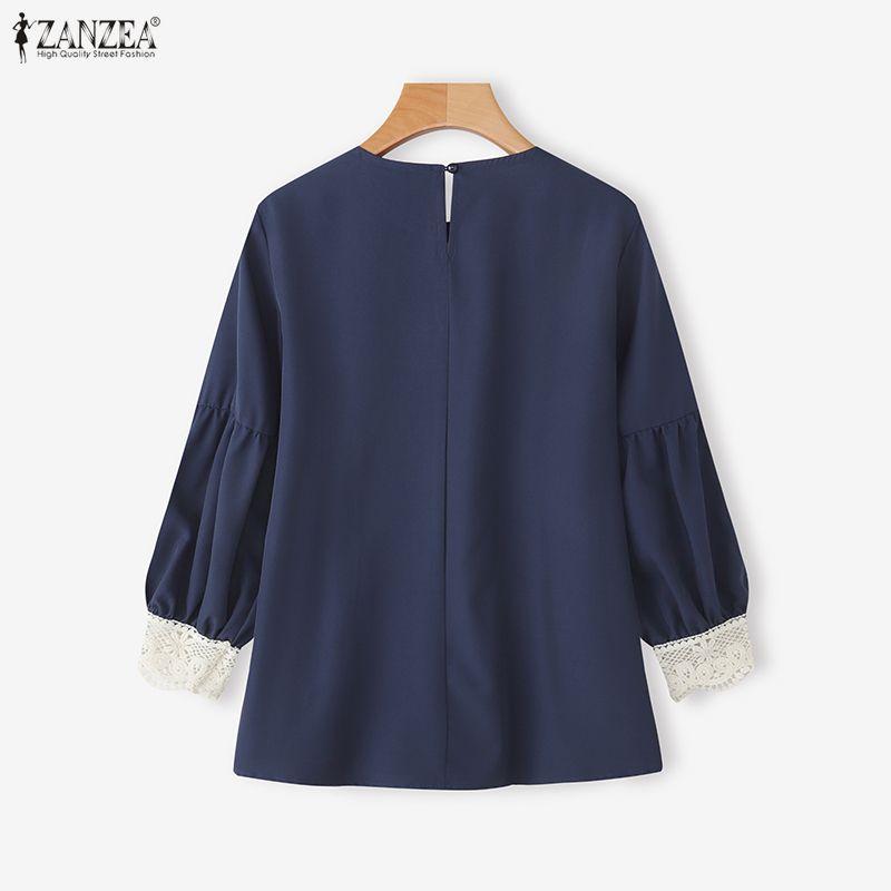 ZANZEA Women Casual Round Neck Lace Splice 3/4 Sleeve Blouse