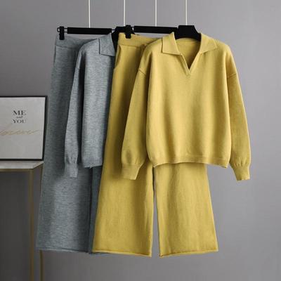 Abito in maglia tinta unita autunno inverno per pantaloni da donna con colletto polo oversize a gamba larga, set da due pezzi