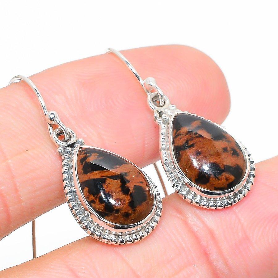 Natural Mahogany Obsidian Gemstone 925 Solid Sterling Silver Earring 1.25" D5g56