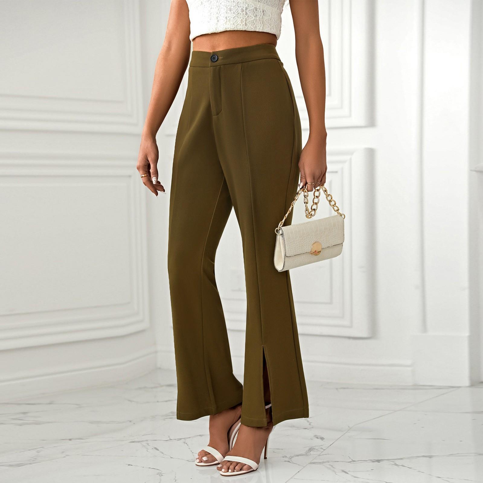 

Женские повседневные и удобные эластичные прямые брюки с высокой талией и пуговицами, расклешенные на пуговицах XL хаки