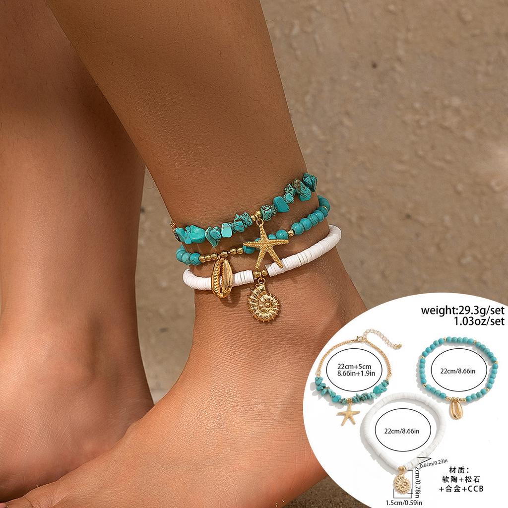 Bohemian Shell Starfish Beaded Anklets Set for Women Fashion Summer Beach Sea Shell Multilayer Chain Ankle Jewelry