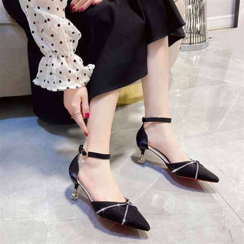 Red Satin Wedding Shoes New Korean Version French Pointed Rhinestone One-word Buckle Hollow Women's Single Shoes Stiletto High Heels