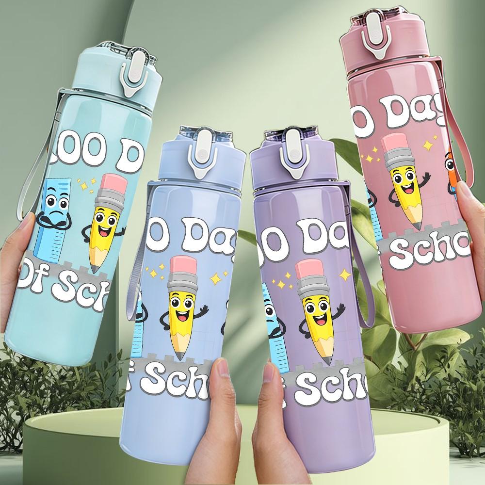 1PC One Hundred Days Of School Art 750ml Color Plastic Sports Water Bottle Leakproof Flip Straw Lid Suitable for Sports Office Home Use