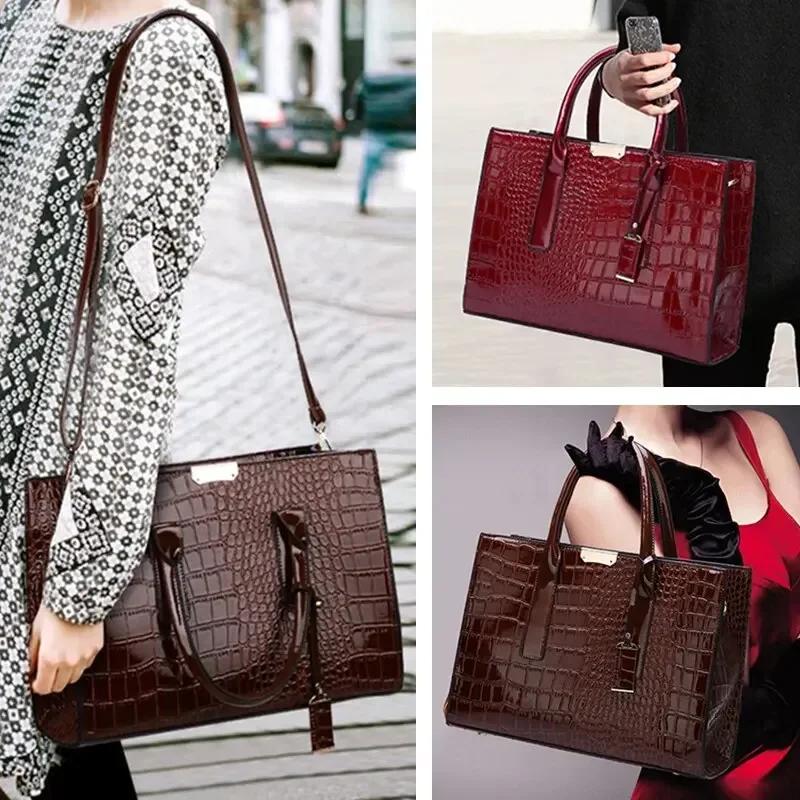 Luxury Vintage Women's Crocodile Pattern Handbag Large Capacity Tote Bag Leather Business Shoulder Bag For Female