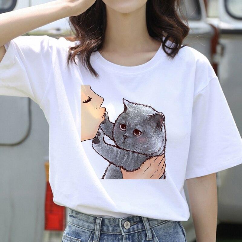 Ming Hong Women T-Shirt Cute Cat Print Oversized Tshirt Summer Female Clothing Ulzzang Harajuku 90s Girls T Round Neck Short Sleeve Tees
