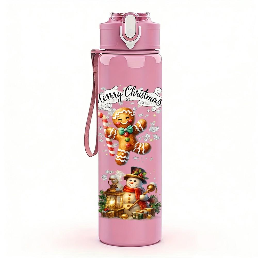 1PC Christmas Bear Gift Cartoon Print 750ml Color Plastic Sports Water Bottle Leakproof Flip Straw Lid Suitable for Sports Office Home Use