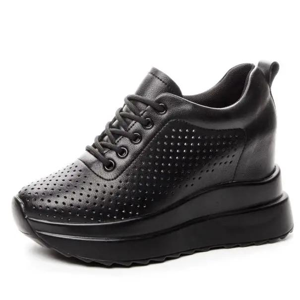 

Мода Горячее качество 10 см Натуральная кожа Вулканизированная платформа Клин Повседневная Женская Летняя Обувь Модные Кроссовки Полые Каблуки Увеличивающая Обувь 34 чёрный