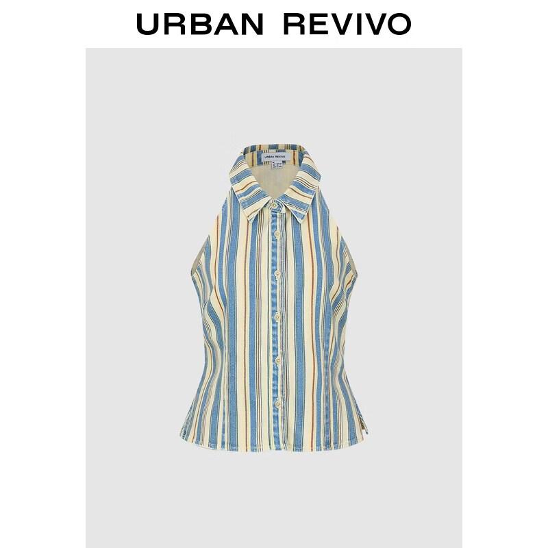 

UR2026 Women s Sleeveless Halter Neck Stripe Cotton Shirt S