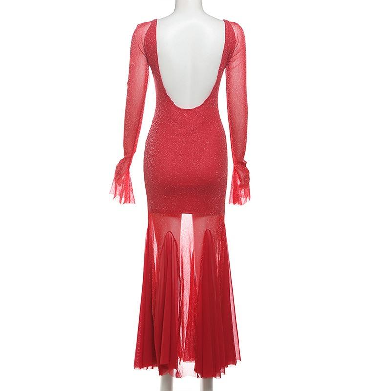 Autumn Women's Temperament Sexy U-neck Backless Long-sleeved Slim-fit Wrap Buttock Dress