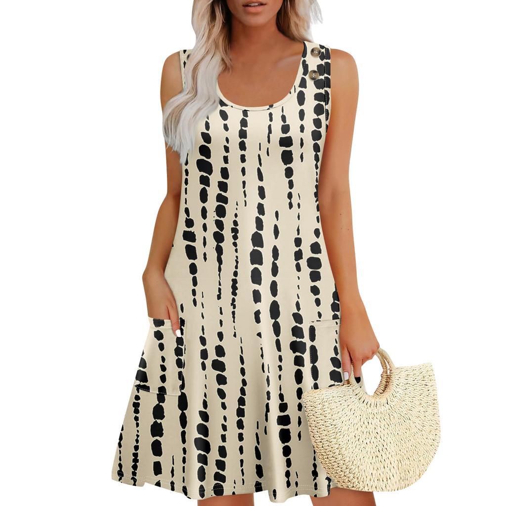 Summer Dresses For Women Beach Boho Sleeveless Printing Flowy Pocket Tshirt Tank Sundresses