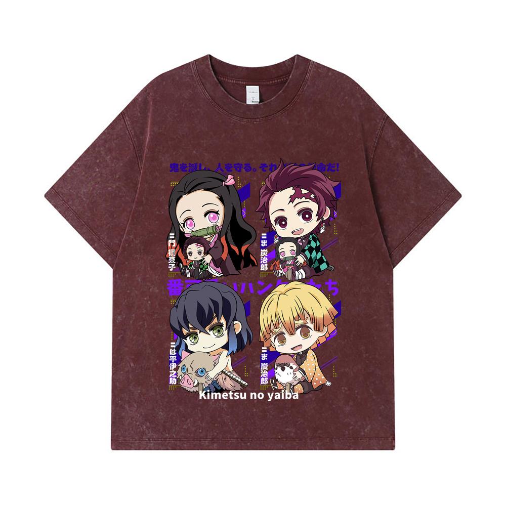 275 GSM Washed T-shirts 100% Cotton Demon Slayer V80 Hashiras Chibi Print Unisex Heavy Cotton T Shirt