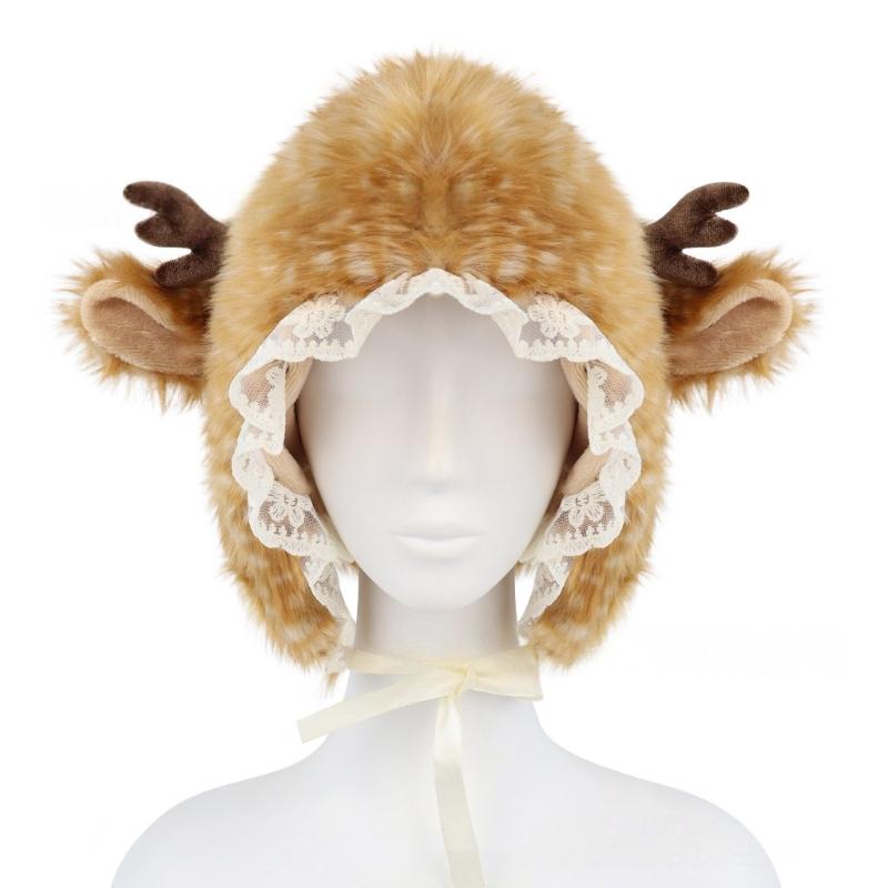 

Lovely Elk Pattern Earflaps Hat with Warm Plush Lace Trim for Kids and Adults Cold Weather Trapper Hat Headgear Hat світло-коричневий колір