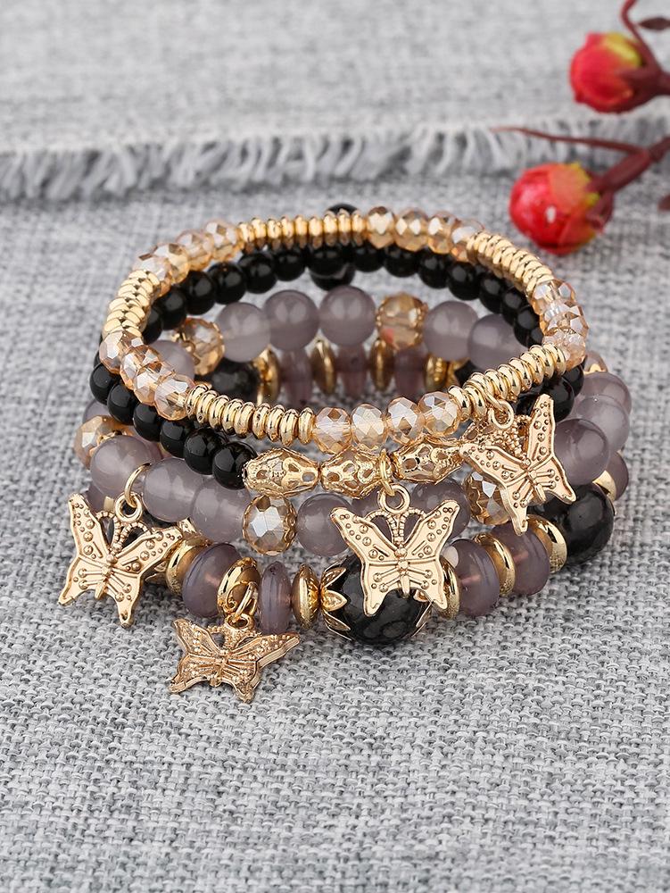 Bohemian Multi-layer Crystal Beaded Butterfly Pendant Stacking Bracelet