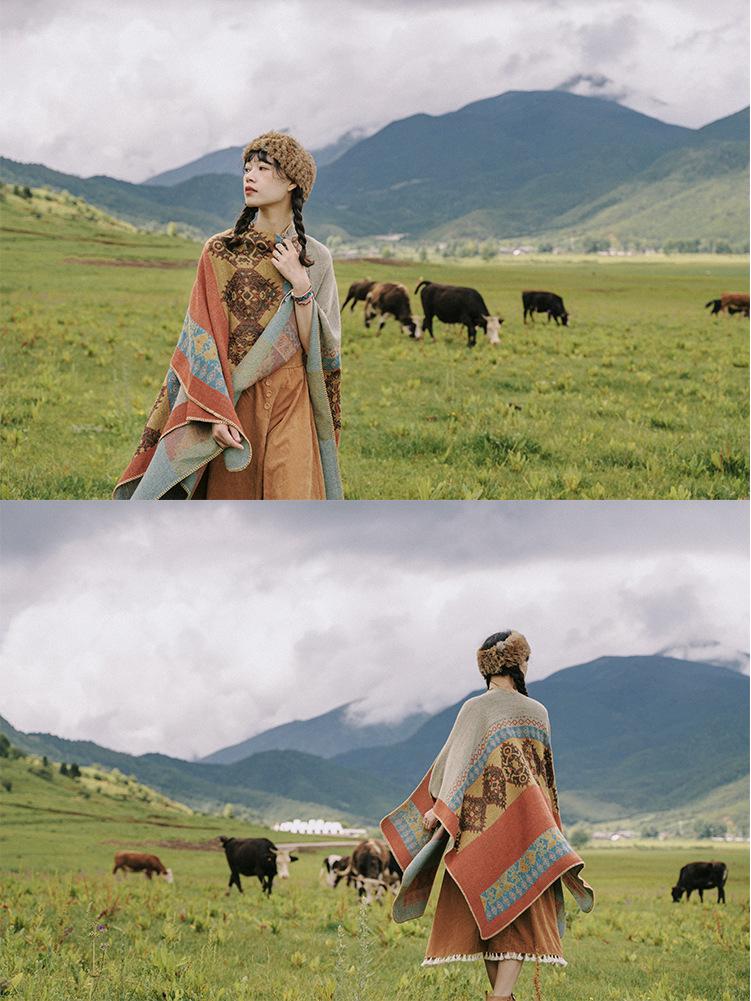 Ethnic Style Imitation Cashmere Shawl: Versatile Travel-Friendly Warm Cloak, Scarf, Resort Cape Outerwear.