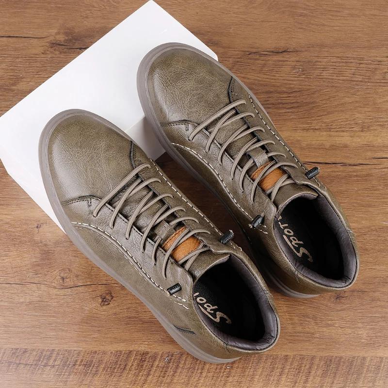 Fashion Non-Slip Versatile Men Sneakers Lace Up Genuine Leather Casual Shoes High Top Walking Shoes Warm Winter Man Ankle Boots Trainers