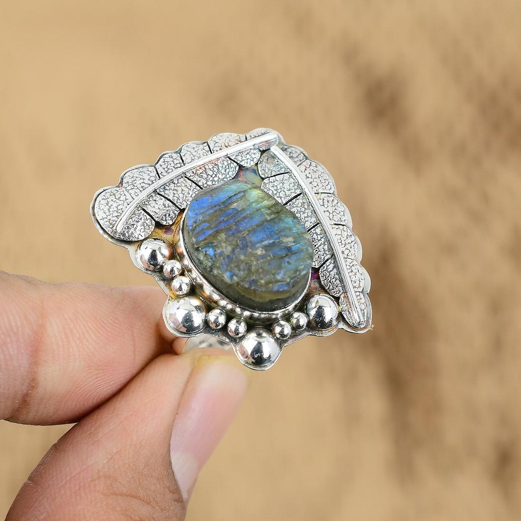 Gift For Her Natural Labradorite Rough Promise Adjustable Ring 925 Silver
