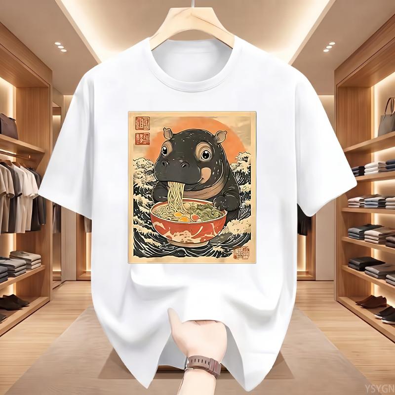 Moo Deng Hippo Eating Ramen T Shirt Japanese Ukiyo Graphic Tee Cute Animal Harajuku Streetwear Top Tshirt