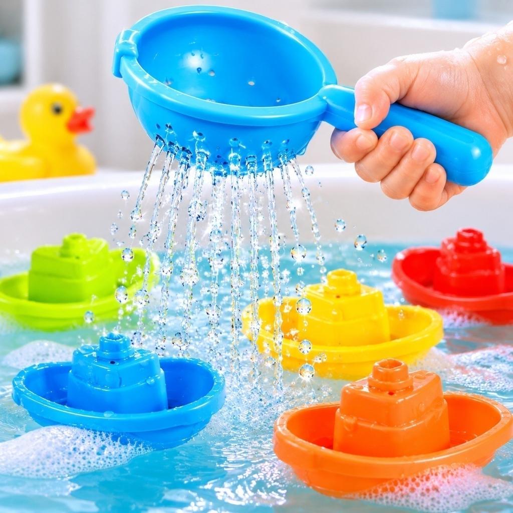 7 Piece Bath Toy Set with Floating Boats and Water Scoops for Toddlers and Infants Durable Plastic Construction for Water Play