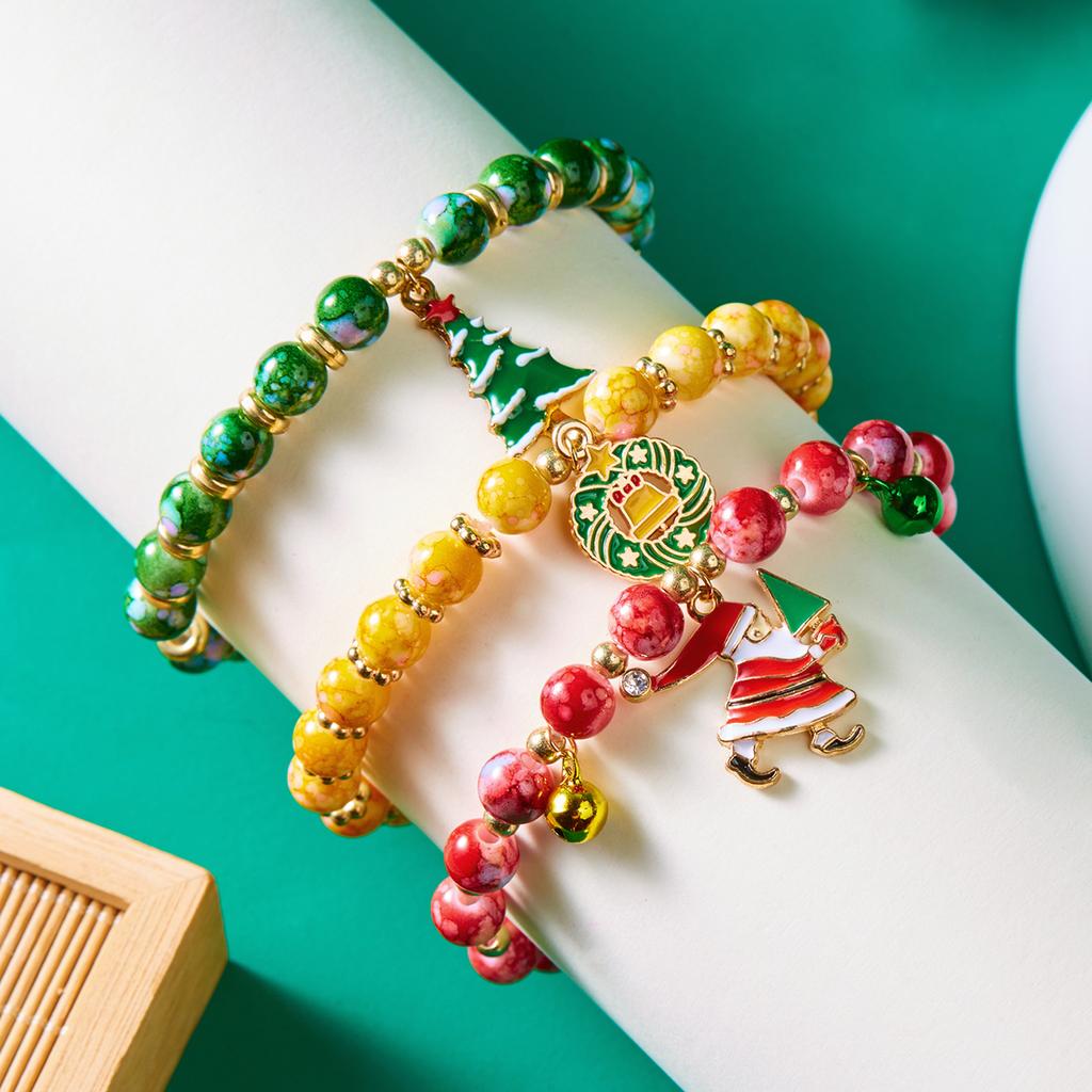 3Pcs Christmas Bracelet Set For Women Men Colorful Beaded Xmas Tree Snowman Santa Claus Snowflake Deer Bangles Festival Jewelry