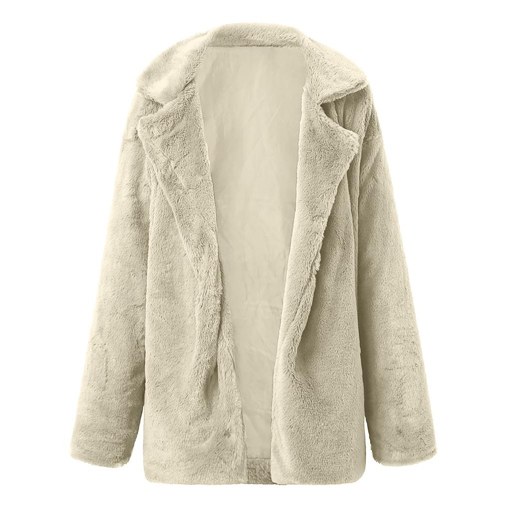 Fashion Womens Loose Solid Color Long-sleeved Lapel Women's Fleece Plush Coat Coat
