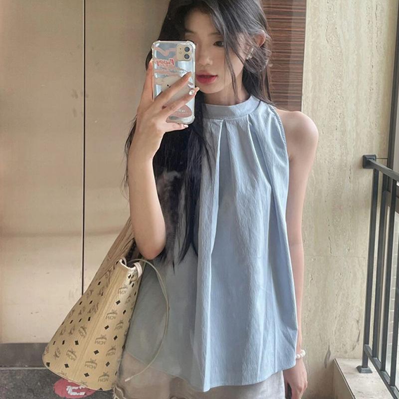 

Women s Blue Halter Neck Pleated Top - Sleeveless One Size светло-синий