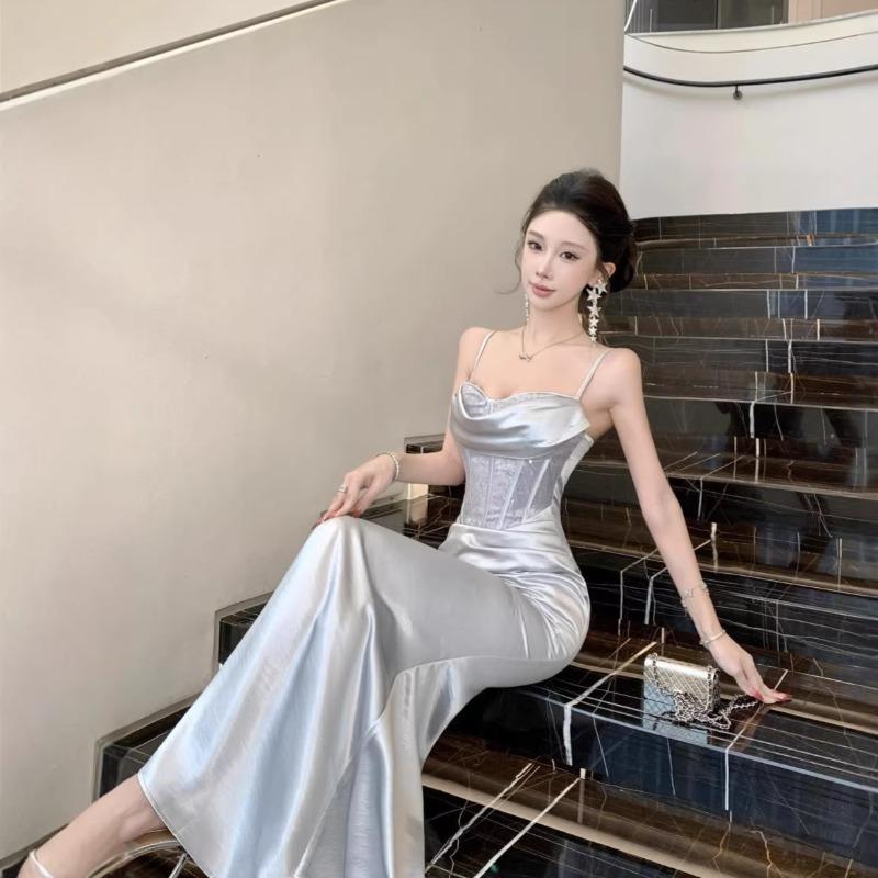 Abito Sospensorio con Cuciture in Pizzo Abito Estivo Nuovo Temperamento Francese Abito di Raso Abbigliamento Donna
