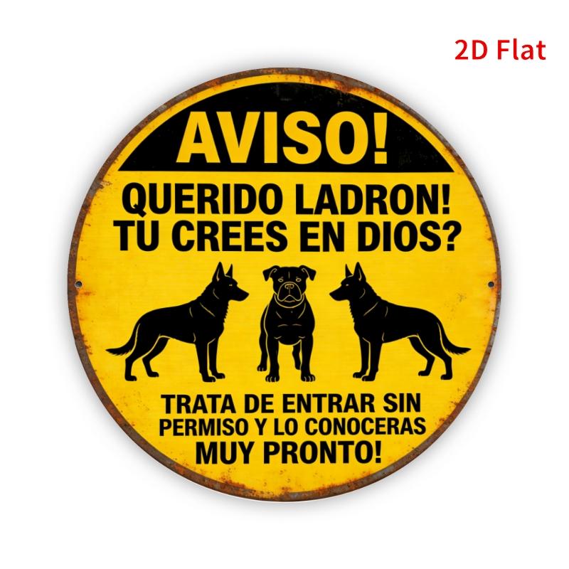 HD Tin Sign Spanish Beware Of Dogs Round Metal Wall Art Security Warning Decor