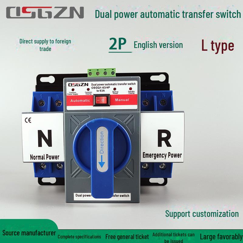 Dual Power Transfer Switch, 63A 2P, Automatic Switching for Household Backup