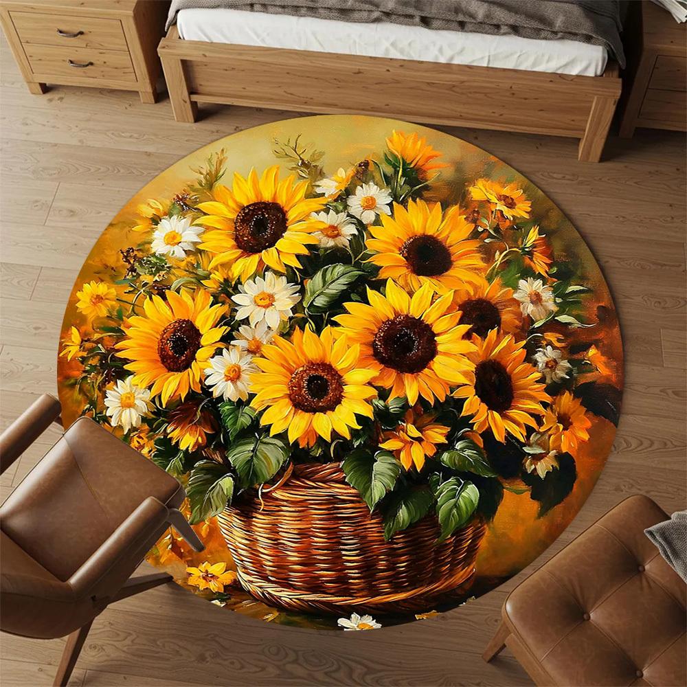 1PC Sunflowers Basket Office Round Area Rug, Under Office Chairs Bedroom Living Room Home Decor, Carpet for Office -1110101