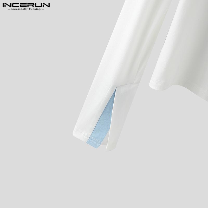 INCERUN Men Lapel Neck Long Sleeve Stitching Slightly Casual Fitted Cropped Tops Undershirts
