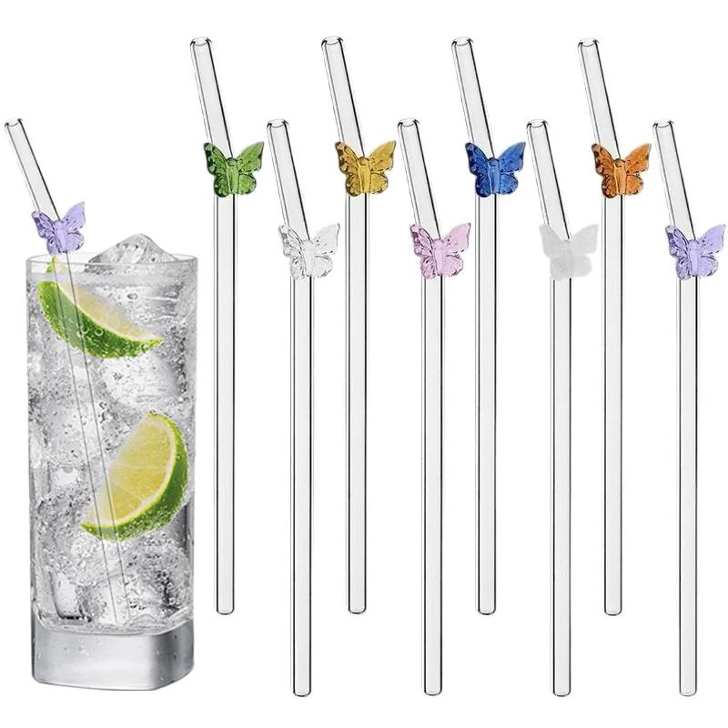 8Pcs Glass Smoothie Straw, Reusable Clear Drinking Straws for Smoothie Milkshakes Environmentally Friendly Drinkware Straw