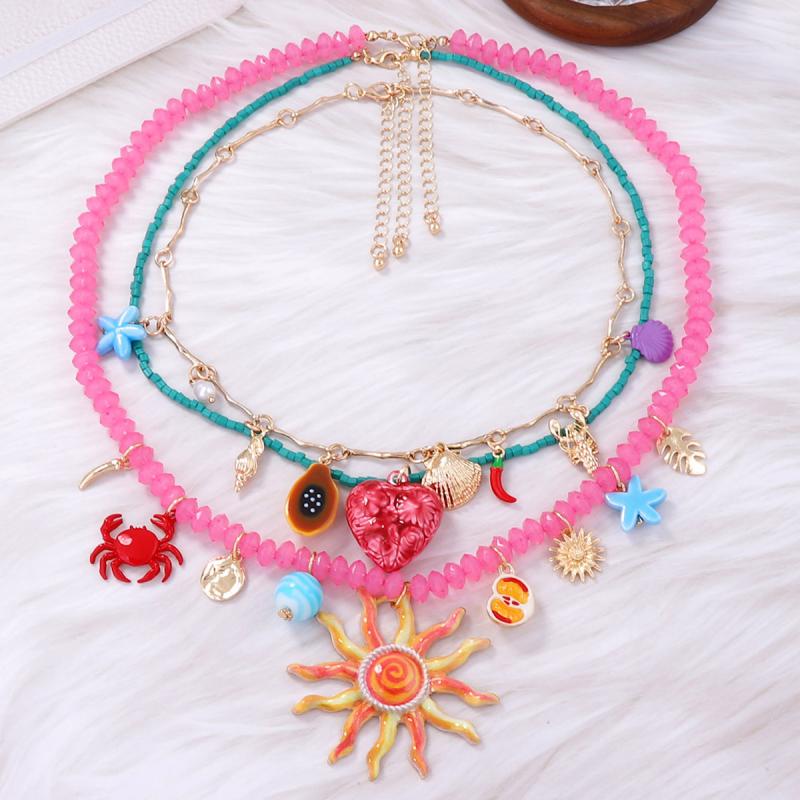 3Pcs/Set  Colorful Resin Beaded Charms Necklaces For Women Summer Ocean Vacation Style Party Jewelry Neck Accessories