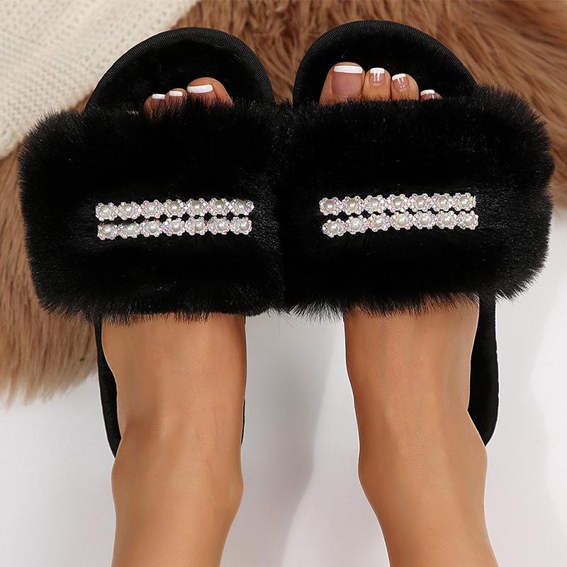 Fashion Indoor Faux Fury Cotton Slippers Women Winter Fashion Pearls Detor Cotton Slippers Open Toe Non Slip Plush Slides Female