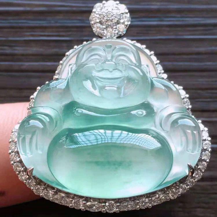 Jade Pendant with Laughing Buddha and Guanyin in Bright Green 925 Silver