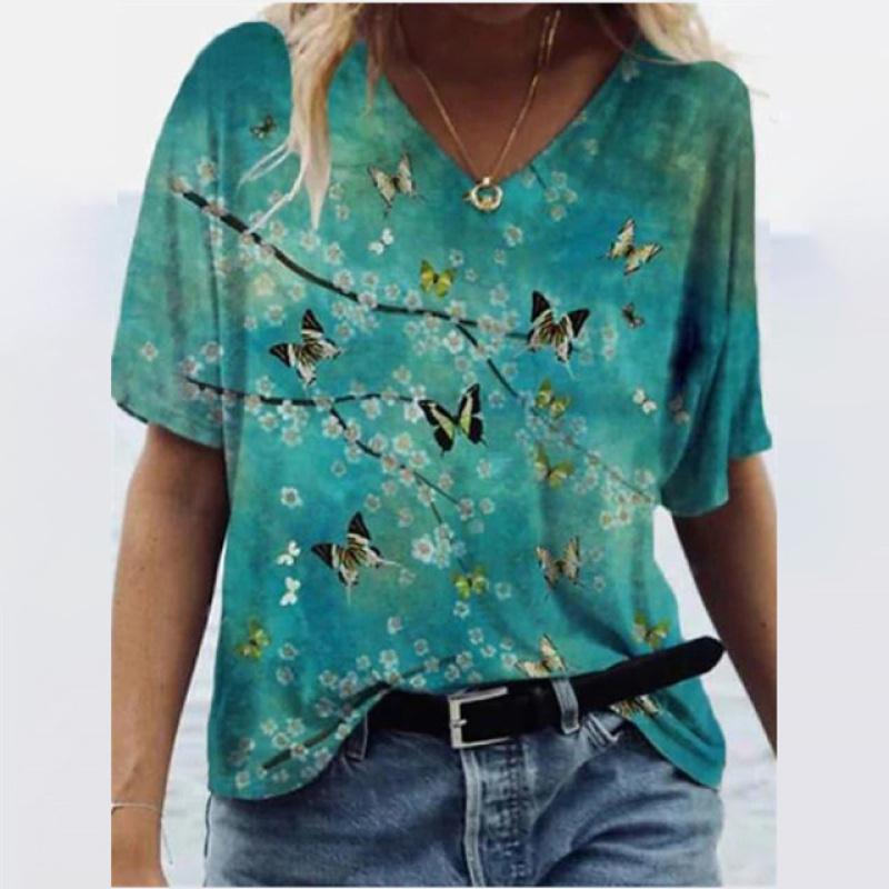 Women's T-shirts Summer Gradient Graphics Tops V-Neck Fashion Female Vintage Clothing Floral Print Tees Loose Oversized T-Shirts