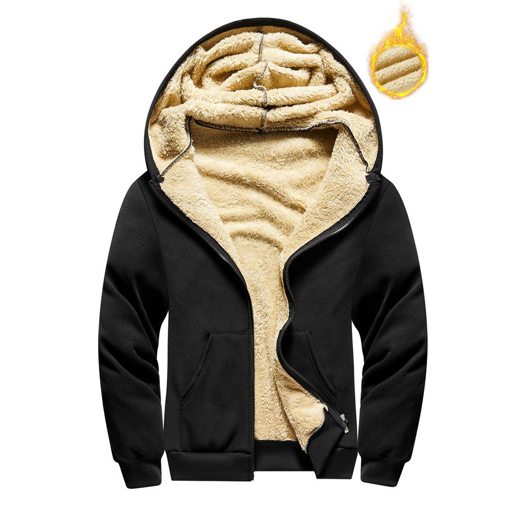 Men's Shearling Fleece Hooded Sweatshirt Winter-Warm Thickened Fleece-Lined Casual Cardigan Jacket