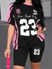 1116 new casual sports style digital printing shoulder sleeve T-shirt high waist tight shorts fashion suit women